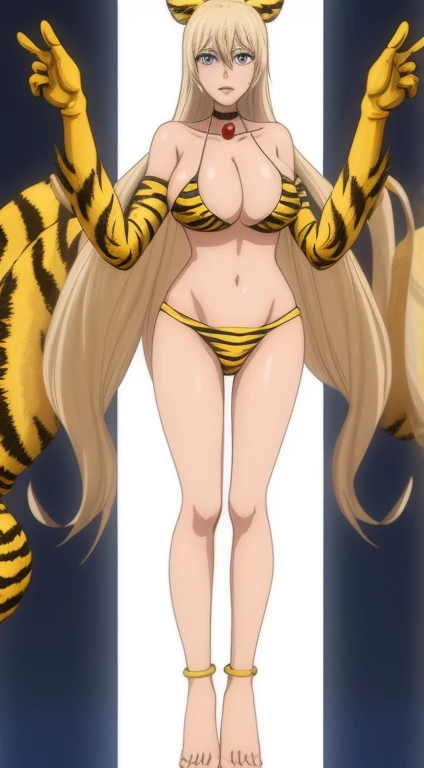 full body standing straight symmetrical looking to the viewer woman wearing a yellow tiger bikini, black choker with golden cow bell attached it, white background