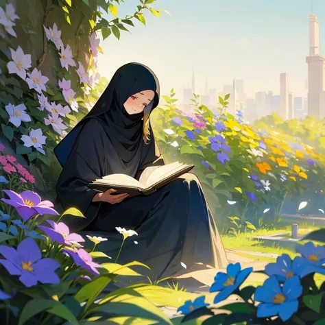 a girl wearing a hijab reading a book in the garden full of flowers. and beside her, there is a man who was smiling while holding a bouquet of flowers while looking at the girl