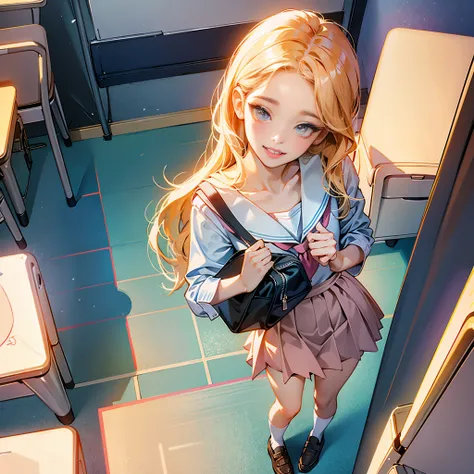 POV, from above, full body,1girl, parted lips, blush, makeup, light smile, school uniform, classroom, school bag, light rays, glow, thighs, collarbone, narrow waist, (masterpiece), wallpaper,