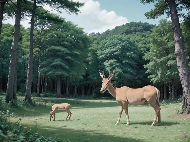 Forest with rivière and a gazelle, ghibli studio style