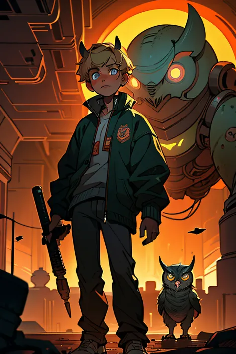 Ancient being in the form of a teenage boy stands alone in a massive underground sci-fi workshop, somber, warm colors, abandoned, underground, holding sci-fi tool, dirty blonde, gray eyes, sweatshirt, (detailed face), facing giant mechanical copper owl wit...