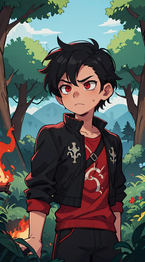 ((best quality, masterpiece)), 1 male, red eyes, black hair and black jacket, outdoor, clouds on background, fantasy, medieval, dark night forest , on fire, background, sad