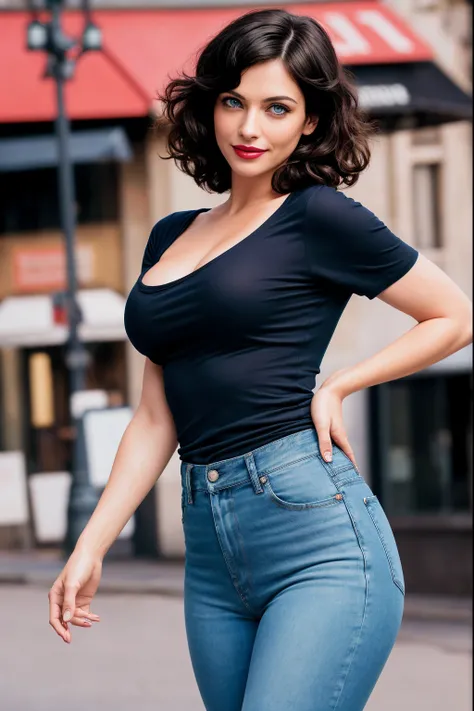 Masterpiece, (Morena Baccarin:Christina Hendricks:0.5), shy, nerdy, playful smile, tight t-shirt and jeans, (high detail eyes:1.3), short hair, black hair, (small breasts:1.2), (strong athletic body), city park background, (UHD, 8K wallpaper, High resoluti...