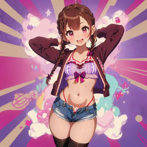 ((Brown hair)),((Braided shorthair)),(With bangs),Slight red tide,(Fluffy long sleeve cardigan clothes with lots of frills)),(Black overall, Purple and red),((Colorful, cute and bold underwear)),((micro mini underwear)),(Striped pattern),(The chest is bold...