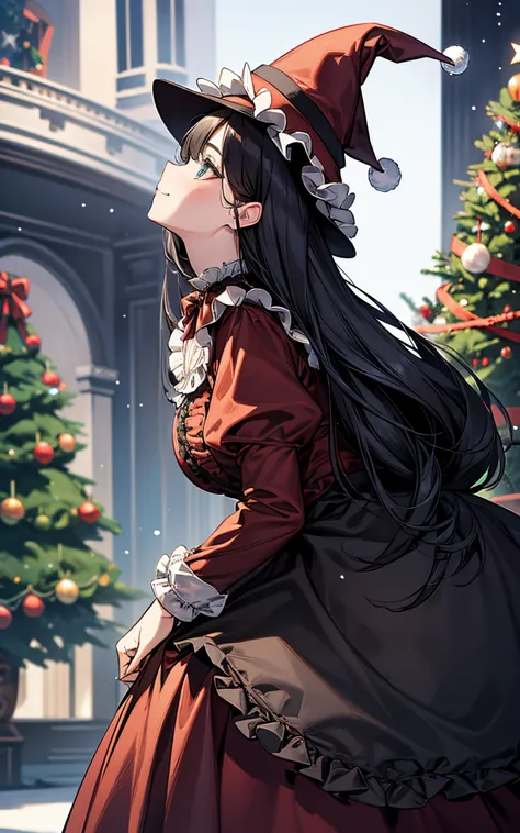 ((Composition seen from a low position))、The theme is black、Clothes are black、Perfect human body、christmas night、(((He was wearing a Santa suit with lots of frills....、victorian santa costume)))、One lady、Profile close-up
(((Looking up at the huge Christmas...