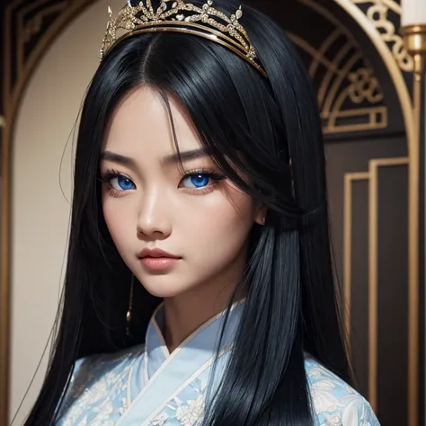 queen, Asian features. With blue eyes. Long black hair.