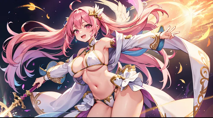 1 girl, game cg, priestess clothes, angel wings, sideboob, under boob, belly button visible, thighs, loincloth, gigantic breasts, pink hair, long hair, straight hair, ahoge, pink eyes, open mouth, smile, magic attack , Rays of light, simple background, fro...