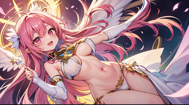 1 girl, game cg, priestess clothes, angel wings, sideboob, under boob, belly button visible, thighs, loincloth, gigantic breasts, pink hair, long hair, straight hair, ahoge, pink eyes, open mouth, smile, magic attack , Rays of light, simple background, fro...