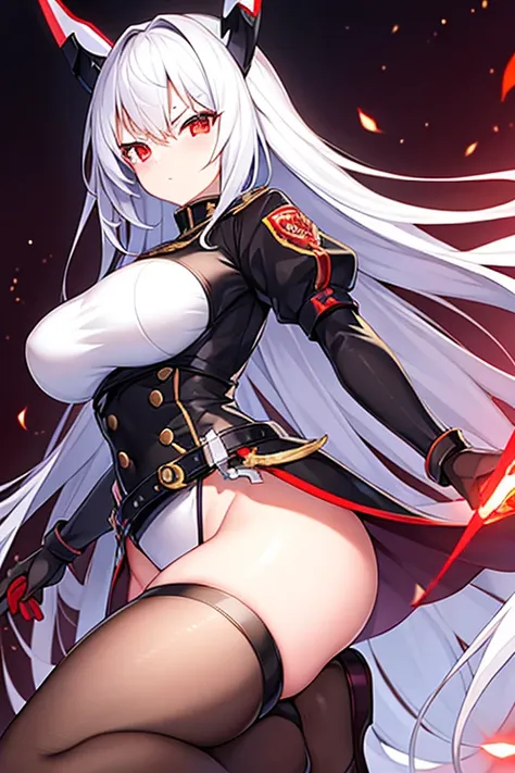 1girl, red eyes, white hair, long hair, glowing eyes, leotard, black leotard, belt, white gloves, large breasts, breasts, shoes, sneakers, wide hips, serious, black clothes