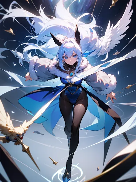 white hair, long hair pony tail with a ribbon,  blue eyes, magician, heavy fur cape, long sleeves, long legs, dark brown pantyhose, leotard, sapphire gem necklace, casting spell in midair, bird-like spell effects