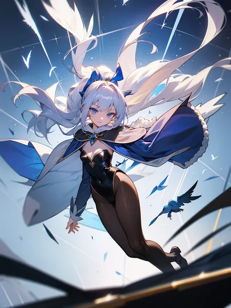 white hair, long hair pony tail with a ribbon,  blue eyes, magician, heavy fur cape, long sleeves, long legs, dark brown pantyhose, leotard, sapphire gem necklace, casting spell in midair, bird-like spell effects