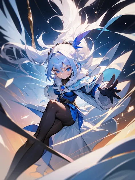 white hair, long hair pony tail with a ribbon,  blue eyes, magician, heavy fur cape, long sleeves, long legs, dark brown pantyhose, leotard, sapphire gem necklace, casting spell in midair, bird-like spell effects