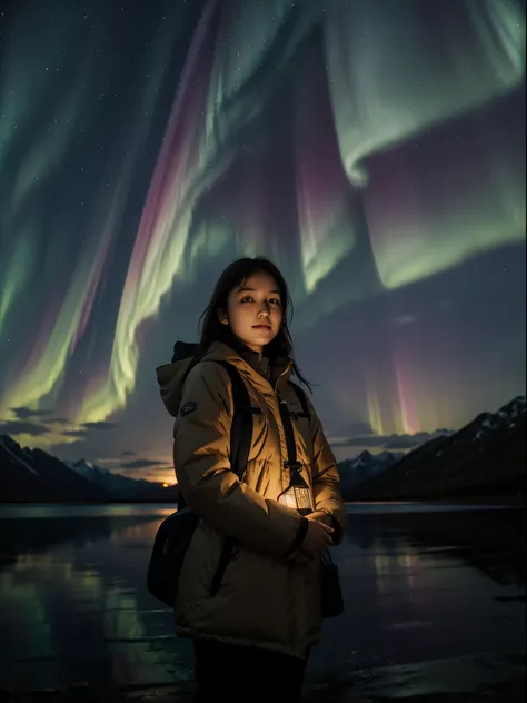 1girl, aurora, look at the camera, traveler, explorer, outdoor, little smile, in the dark, night, dark scene