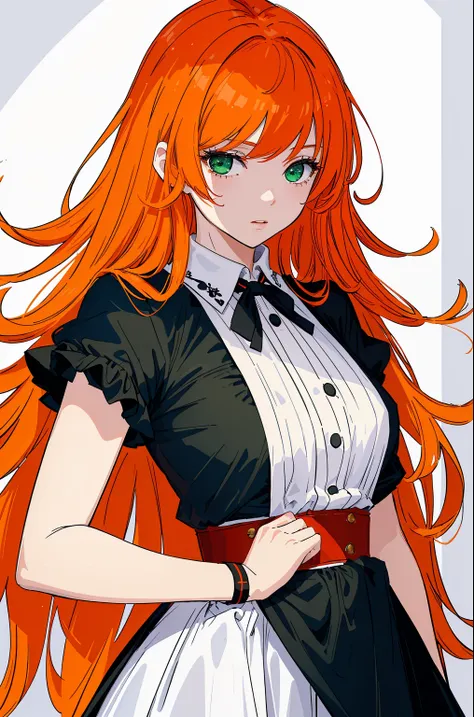 ((tmasterpiece, beste-Qualit)), a 1girl, High, a cute young woman, long orange hair with red undertones, white  shirt, gown, black belt with garters, body and face close up, drawn eyes and hands, Beautiful Black Dress, green colored eyes