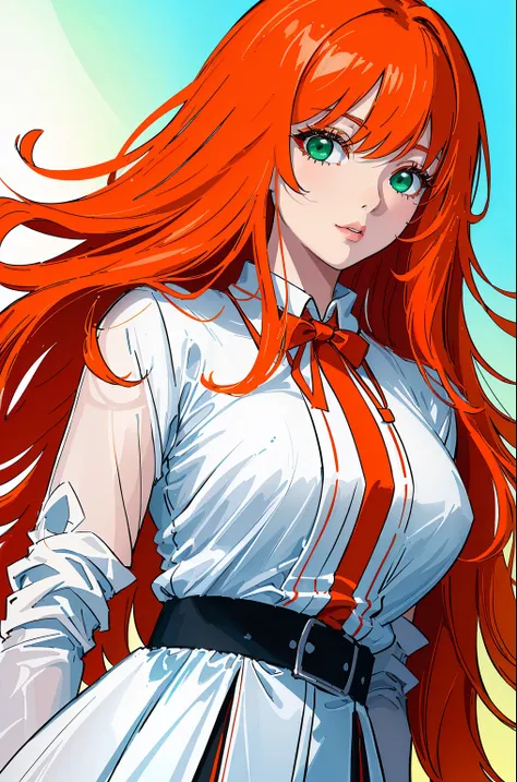 ((tmasterpiece, beste-Qualit)), a 1girl, High, a cute young woman, long orange hair with red undertones, white  shirt, gown, black belt with garters, body and face close up, drawn eyes and hands, Beautiful red dress, green colored eyes