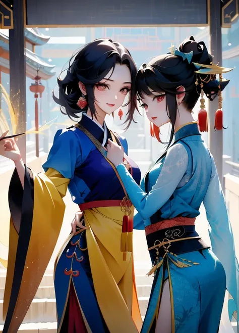 arte de anime digital detalhada，uma imagem，tmasterpiece，Max Detalhe，（melhor qualidade de imagem），Three people take a selfie，（（（（woman on the left|Mulher do meio：2|Woman on the right））），No meio, uma mulher vestida com roupas tradicionais chinesas，Asian woma...