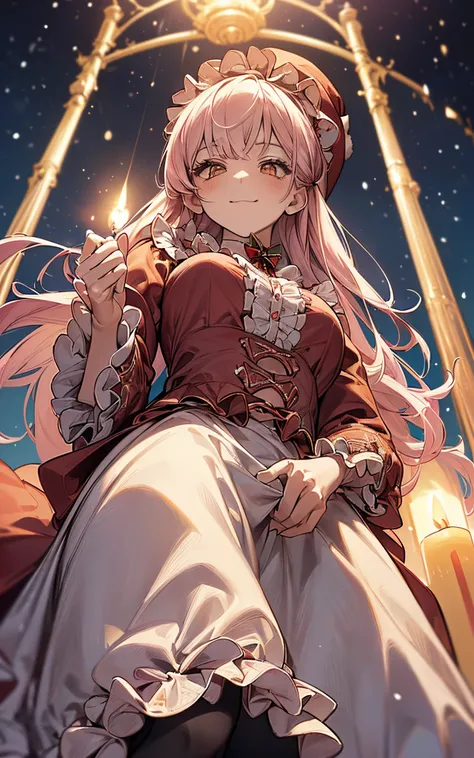 ((from below looking up))、、a closeup、pink hair and clothes、Perfect human body、christmas night、(((He wore a Santa suit decorated with lots of frills.、victorian santa outfit)))、One lady、 (((lighting a candle、candelabra)))、A slight smil、 (((long  skirt)))、hai...