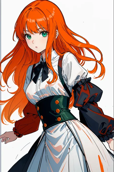 ((tmasterpiece, beste-Qualit)), a 1girl, High, a cute young woman, long orange hair with red undertones, white  shirt, gown, black belt with garters, body and face close up, drawn eyes and hands, Beautiful Black Dress, green colored eyes