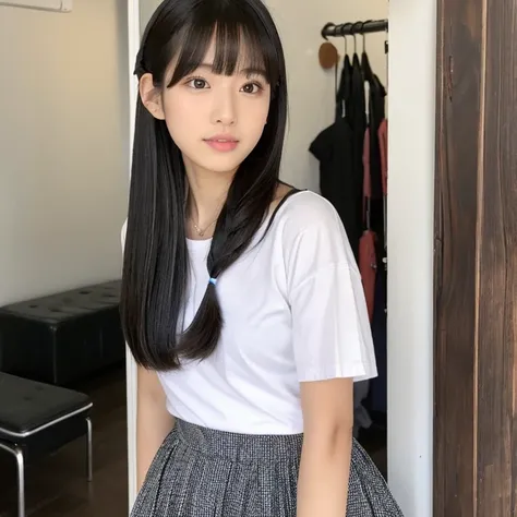 An ultra-high picture quality、Perfect Photo、18-year-old beautiful girl、Japan beautiful girl、hi-school girl、light skinned、slender、Black Haired Beautiful Girl、cute little、Beautuful Women、Cute room、(((Hair styling)))、((( Putting hair together)))、(cute and sty...