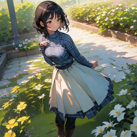 (High quality, High resolution, Ultra-detailed, Realistic:1.37), peaceful ambiance, (plein air, garden), Teenage girl standing alone, (My breasts are big.), Beautiful detailed features, Cute smile, (Black bob hair), Ribbed sweater, blue plaid skirt, Black ...