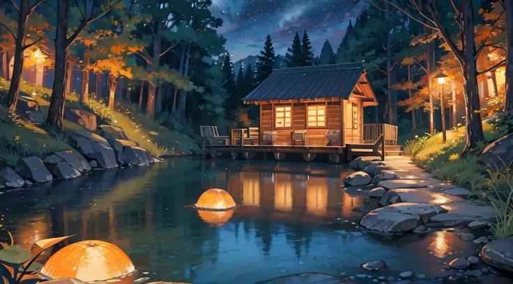 brook, clear water, magical night, small wooden hut, wooden chairs and orange lights, relaxation, beautiful scenery