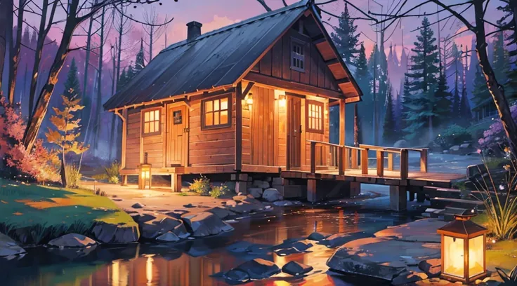 brook, clear water, magical night, small wooden hut, wooden chairs and orange lights, relaxation, beautiful scenery