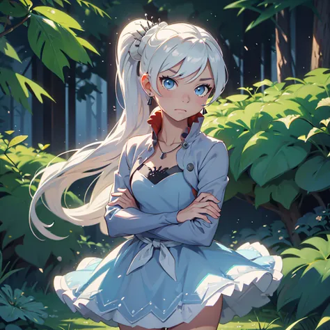 (masterpiece, best quality:1.2), cowboy shot, solo, 1girl, weissvale, expressionless, closed mouth, looking at viewer, crossed arms, long white hair, side ponytail, white dress, jewelry, necklace, earrings, country lane