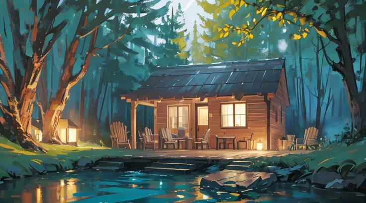 brook, clear water, magical night, small wooden hut, wooden chairs and orange lights, relaxation, beautiful scenery