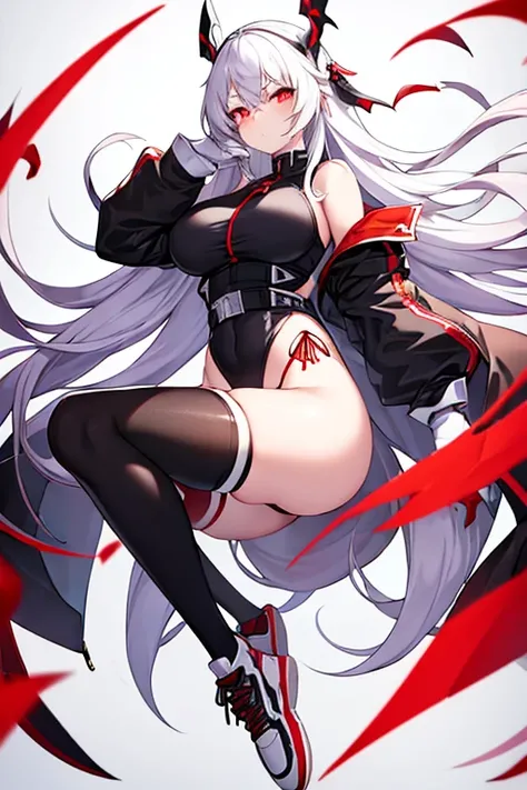 1girl, red eyes, white hair, long hair, glowing eyes, leotard, black leotard, belt, white gloves, large breasts, breasts, shoes, sneakers, wide hips, serious, black clothes, knife