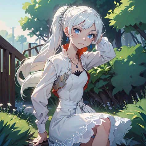 (masterpiece, best quality:1.2), cowboy shot, solo, 1girl, weissvale, expressionless, closed mouth, looking at viewer, long white hair, side ponytail, white dress, jewelry, necklace, earrings, country lane