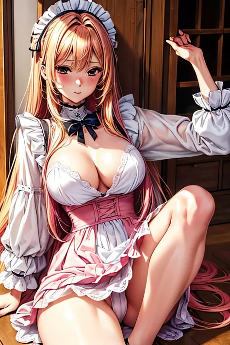 (Best quality at best,8K,A high resolution,tmasterpiece:1.2),Digital artwork,A girl，18 years old，beautiful dyed golden hair, straight hair，pink hair end，kitagawa marin，With a teasing expression, middle-sized boobs,Details from head to toe, sophisticated ma...