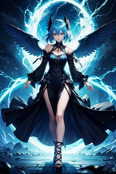 anime girl, blue lightning, fantasy, wings, pg, goth, long dress