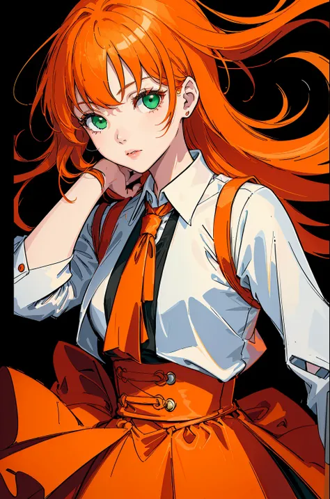 ((tmasterpiece, beste-Qualit)), a 1girl, High, a cute young woman, long orange hair with red undertones, white  shirt, gown, black belt with garters, body and face close up, drawn eyes and hands, Beautiful red dress, green colored eyes