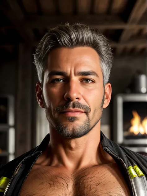 masterpiece, best quality, high resolution, closeup portrait, male focus, solo focus, A man, 50 years old, with firefighter uniform, firefighter, silver grey hair, messy hairstyle, cute and seductive face, bare chest, body hair, facial hair, roman nose, ve...