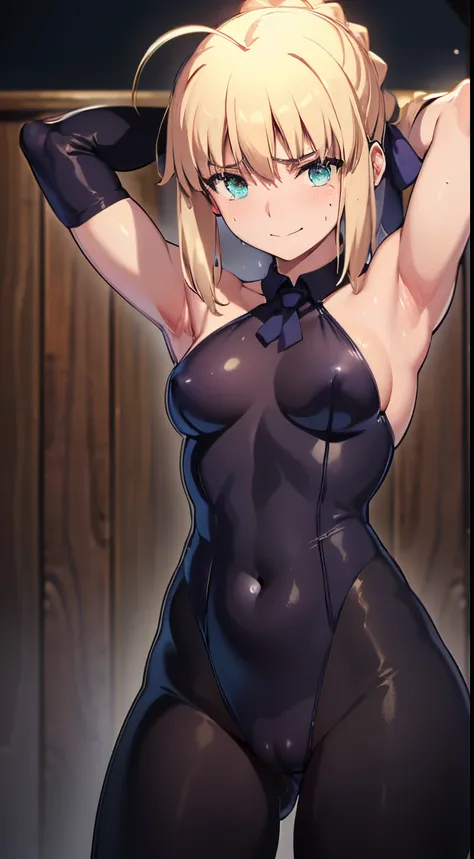 NSFW、（masutepiece、of the highest quality、Best Quality、Official art、Beautiful CG,）artoria、(Arms behind the head)、(Armpit Pose)、(a smile)、(embarrassed from)、(red blush)、(flat breast)、(small tits)、(Dripping sweat)、(steam)、Photorealsitic、（Rolling eyes:1.5）、mas...