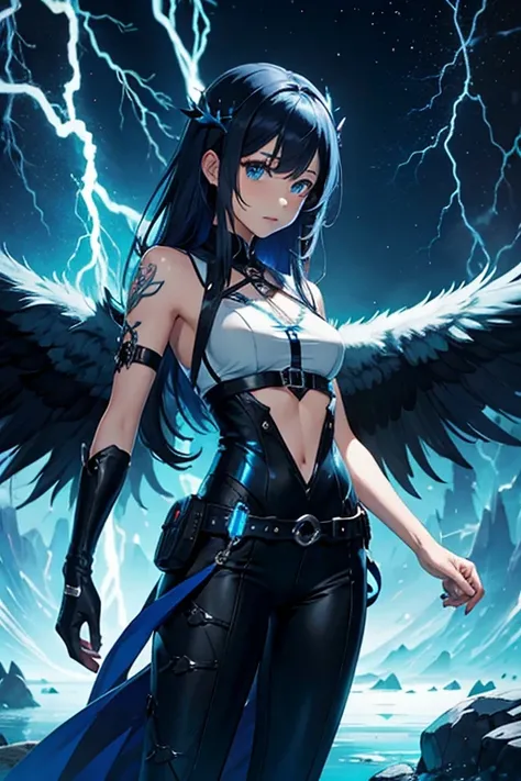 anime girl, blue lightning, fantasy, wings, pg, goth, pants