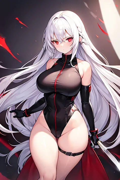 1girl, red eyes, white hair, long hair, glowing eyes, leotard, black leotard, belt, white gloves, large breasts, breasts, shoes, sneakers, wide hips, serious, black clothes, knife