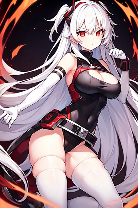 1girl, red eyes, white hair, long hair, glowing eyes, leotard, black leotard, belt, white gloves, large breasts, breasts, shoes, sneakers, wide hips, serious, black clothes, knife