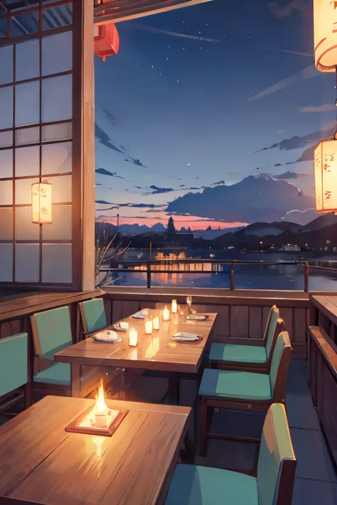 hermoso fondo de un restaurante, con paisaje de noche, velas, romantico, muy romantico, acogedor, japones, fondo de ventanales grandes, noche,