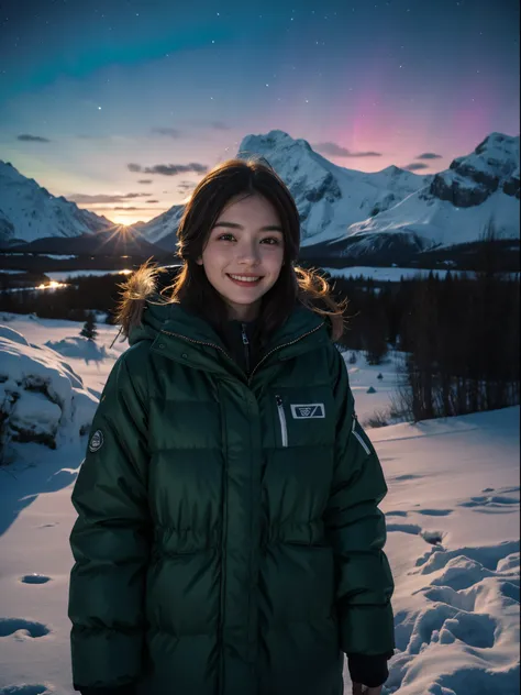 1 European girl, 25 years old, wearing winter outdoor clothes, aurora, look at the sky, traveler, explorer, outdoor, smiling, in the dark, night, dark scene, low key