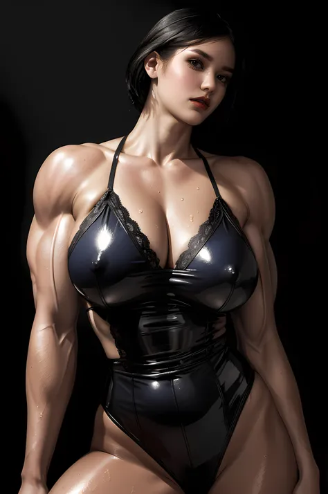 Photorealistic Ada Wong, detailed short messy black hair, mid shot, Detailed skin, detailed body, muscular, solo, wearing Victorian dress, huge breasts, thick thighs, wide hips, ((((huge muscles)))), large bulging veins on body, veins, muscle vein, split a...