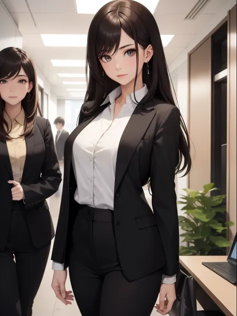 Best Quality, masutepiece, beautiful mature women、Delicate system 、Beautiful face、Strong-minded woman、Black Office Suit、black pants brown hair、(Brown-eyed)、Longhaire、It looks like the eyelid itself has become smaller.、Background inside the office of a majo...