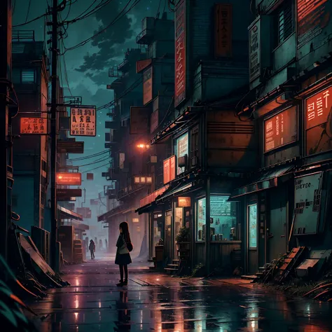 A nostalgic digital painting inspired by the enchanting world of Studio Ghibli. A obra retrata um charmoso, small town street at night, exuding a sense of tranquility and wonder. The scene set for a cinematic moment, reminiscent of a scene from a Ghibli fi...