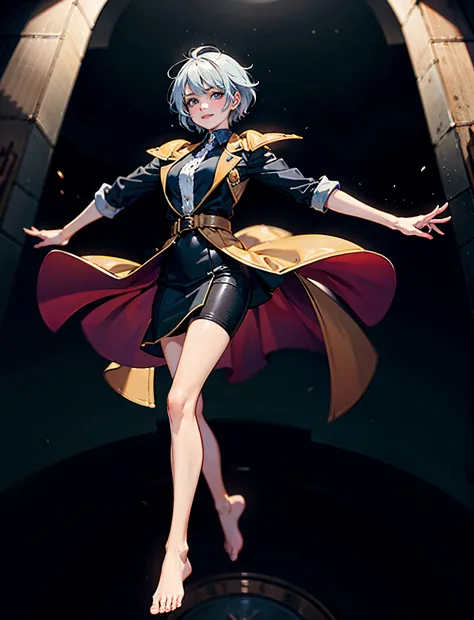 A girl with short gray hair, bright eyes, a cheerful smile, a joyful expression, a slender figure, a two-piece fantasy-realistic style jacket, short skirt that matching the outfit, barefoot, she happily leaps in front of a fantasy-style ancient ritual buil...