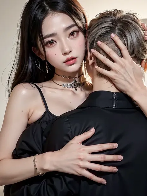 there a woman hugging a man with a tattoo on his chest, Cai Xukun, Taejune Kim, JIA, Jaeyeon Nam, Jinyoung Shin, Kim Hyun Joo, Imagen filtrada, KDA y Sam Yang, cruel korean goth girl, Artista coreano, Kim Doyoung, ulzzang, brazo alrededor de su cuello, Jiy...