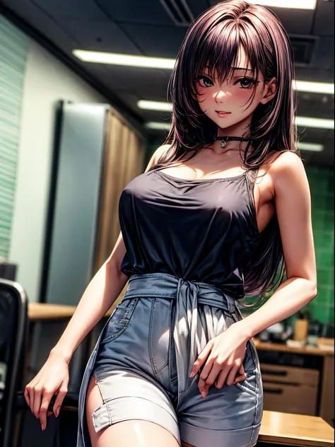 (top-quality、tmasterpiece、high resolution、super high image quality), 1girl, 8K, Rei Himiyama, Amakano, dark purple hair, long hair, straight hair to the waist, perfect figure, 20 years old, F Cup, big butt, green eye, (clear eye white part), spy，Stealth at...