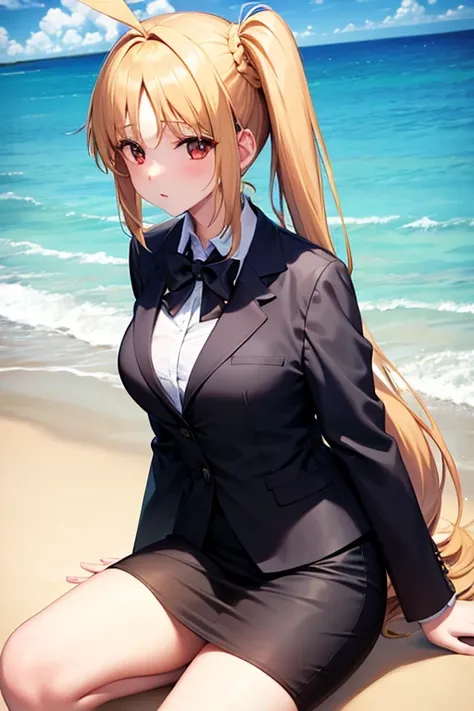 1girl, nijika ichiji, beach background, suit, office lady, black skirt, black blazer, pencil skirt, white shirt, long hair, teen...