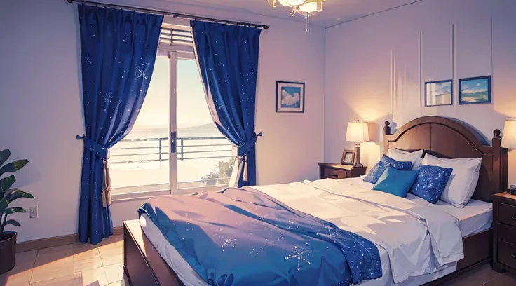 bedroom with sea view, star-shaped lighting, blue bed sheets, blue star-patterned curtains, night time, relaxation, beautiful scenery