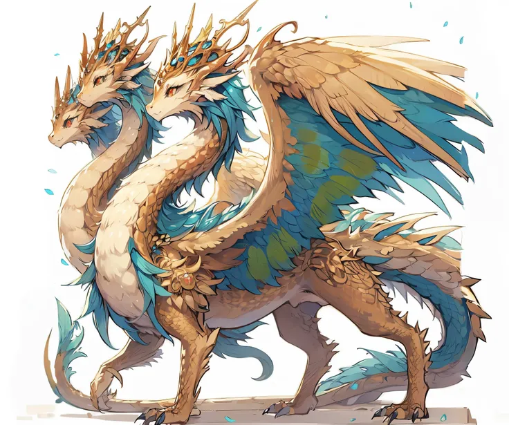 keizer ghidorah. female dragon. mesukemo. dull golden color. blue as secondary color. three heads. walking on four legs. dress. ...