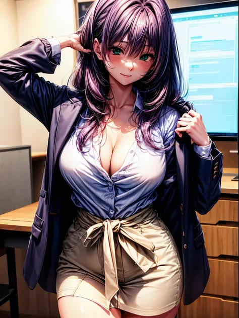 (top-quality、tmasterpiece、high resolution、super high image quality), 1girl, 8K, Rei Himiyama, Amakano, dark purple hair, long hair, straight hair to the waist, perfect figure, 20 years old, F Cup, big butt, green eye, (clear eye white part), black tight of...